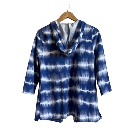 Chico's Weekends Blue White Tie Dye Open Long Line Hooded Sweatshirt Size 0/ S - Picture 2 of 6